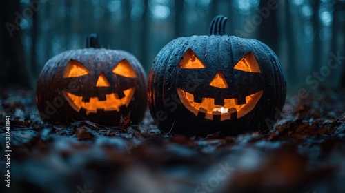 Wallpaper Mural Halloween pumpkins in the forest at night.Halloween background with Evil Pumpkin. Spooky scary dark Night forest. Holiday event Halloween banner background concept Torontodigital.ca