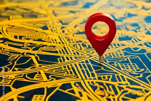 Detailed map, intricate roadways, red location pin marks specific point