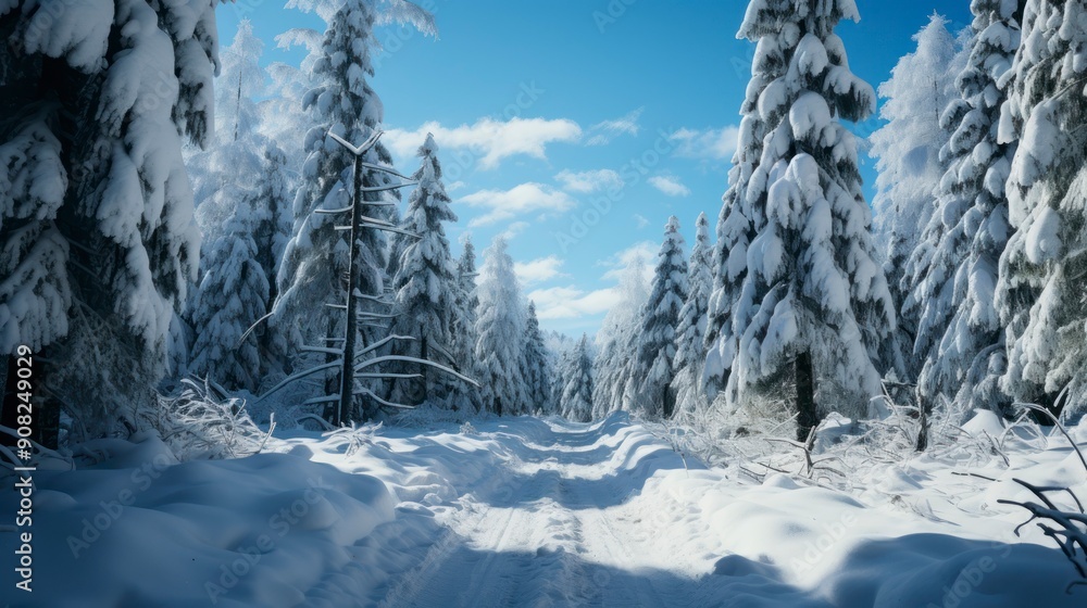Obraz premium Winter landscape with snowy road in the forest. Panoramic view