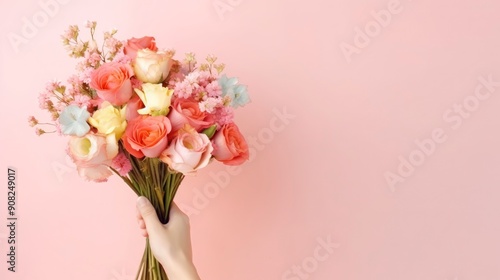 Flower bouquet in woman hand on pastel wall background. Top view.