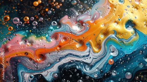 High-definition capture of paint droplets interacting with water, showcasing the vibrant color diffusion process in a frozen moment, with clear and detailed visuals of the intricate patterns and