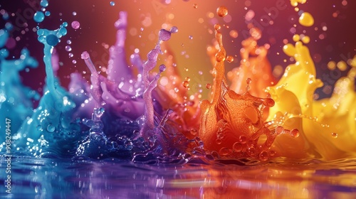 High-definition image of paint droplets in water, frozen at the moment of color diffusion, highlighting the detailed and vivid blending of colors to create a dynamic and visually engaging effect