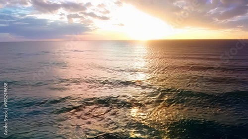 The peaceful beauty of the ocean is amplified by the bright colors of the sunrise painting the sky above.