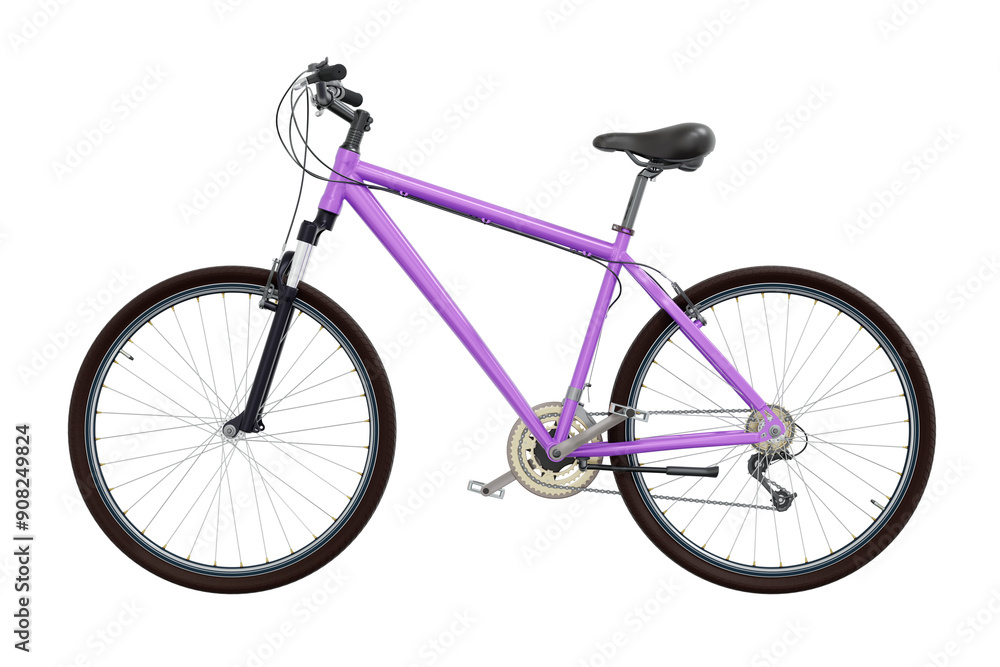 Obraz premium Purple bicycle, side view. Black leather saddle and handles. Png clipart isolated on transparent background