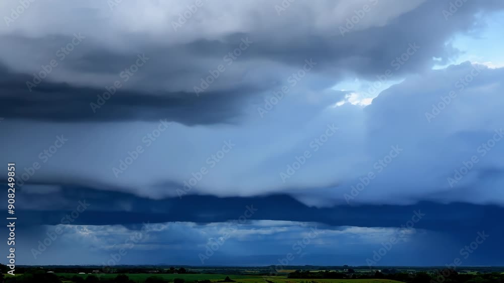 A wide shot of a turbulent storm brewing in the distance with a small patch of blue sky marking the beginning of the storms break. A wide shot of a turbulent storm brewing in the distance with a small patch of blue sky marking the beginning of the storms break.