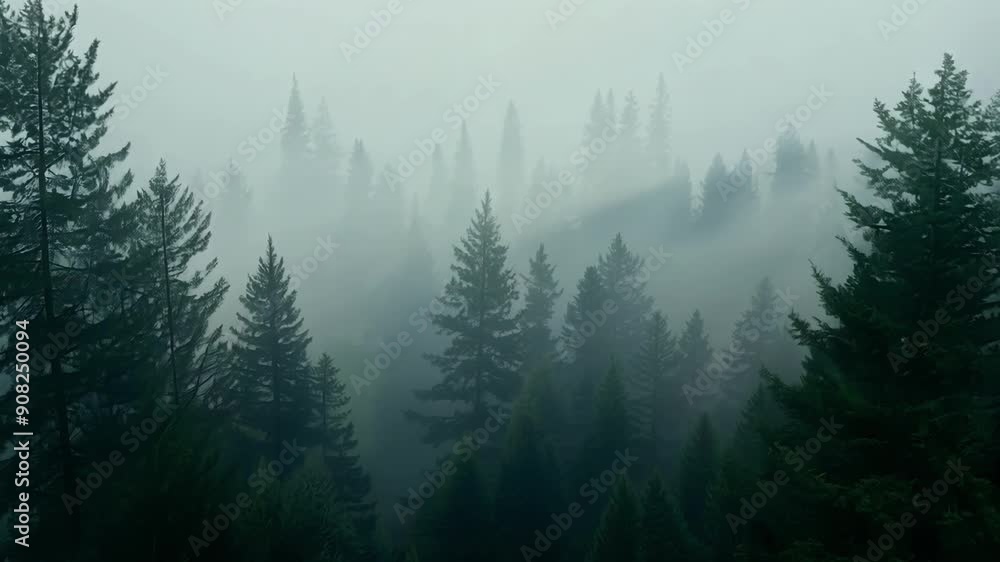 Misty tendrils of fog wafting through tall pine trees creating an eerie and dreamlike atmosphere. Misty tendrils of fog wafting through tall pine trees creating an eerie and dreamlike atmosphere.
