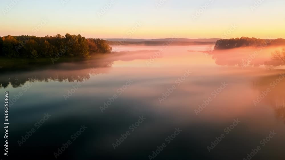 A foggy lake reflecting the vibrant colors of the golden hour sky creating a surreal and breathtaking sight. A foggy lake reflecting the vibrant colors of the golden hour sky creating a surreal and breathtaking sight.