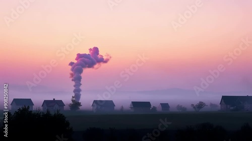 Against the backdrop of a pink and purple sunrise columns of smoke can be seen rising from distant homesteads blending in with the landscape. photo