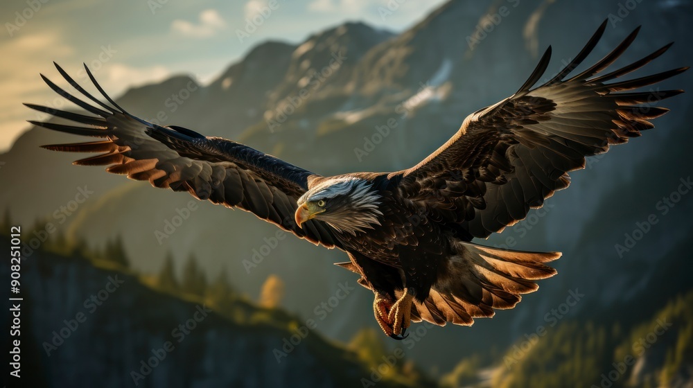 Bald Eagle in flight with mountains in the background at sunset. Bald Eagle in flight with mountains in the background at sunset.