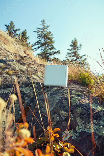 Small white modern device on rock ledge with fall foliage and forest in background