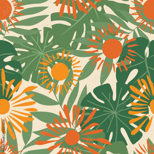 Elegant vector design featuring a tropical bohemian pattern with vibrant colors and intricate details, perfect for adding a touch of exotic charm and artistic flair to any project.