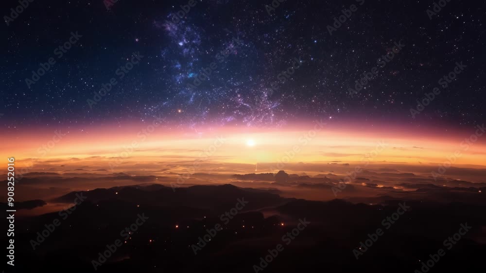 The fading sunlight casts a warm glow upon the distant stars painting the black canvas of space with a breathtaking view. The fading sunlight casts a warm glow upon the distant stars painting the black canvas of space with a breathtaking view.