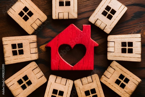 Wooden house cutouts, red house with heart cutout, drawing attention photo