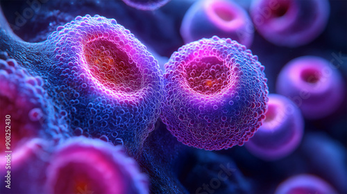 Close-up of human HeLa cells in culture with vibrant pink and purple colors
 photo