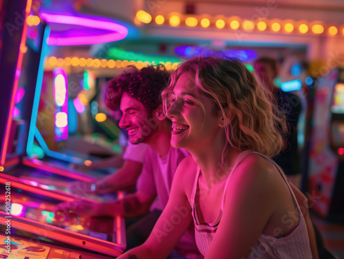 A group of friends enjoying arcade games in retro-themed arcade, smiling and having fun, with neon lights and arcade machines in the background. casino arcade game concept