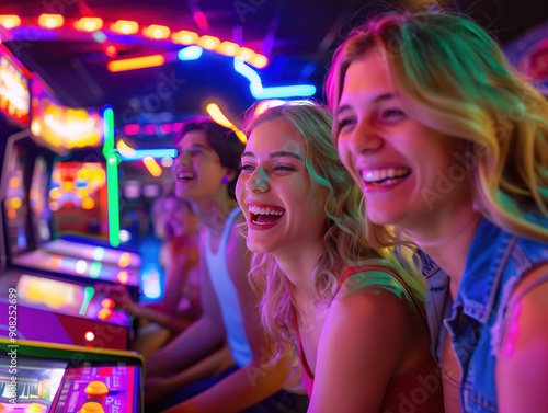 A group of friends enjoying arcade games in retro-themed arcade, smiling and having fun, with neon lights and arcade machines in the background. casino arcade game concept