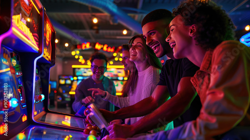 Wallpaper Mural A group of friends enjoying arcade games in retro-themed arcade, smiling and having fun, with neon lights and arcade machines in the background. casino arcade game concept Torontodigital.ca