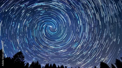 A cosmic spiral formed by the movements of the stars creates a hypnotizing effect in this long exposure image of the night sky. photo