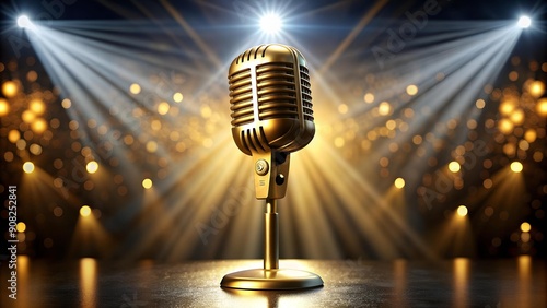 A Symphony of Sound: A Gleaming Gold Microphone Under Spotlights  generative AI
