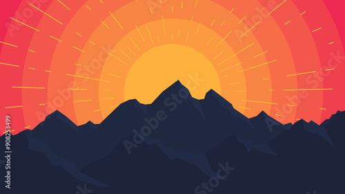 Mountain sunrise illustration. Vector background in flat style