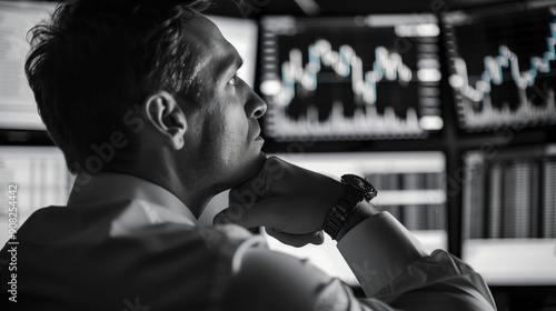Stock broker looking at stock data on large screen monitors, he is contemplative, analysing and focusing. wall street and stock market concept