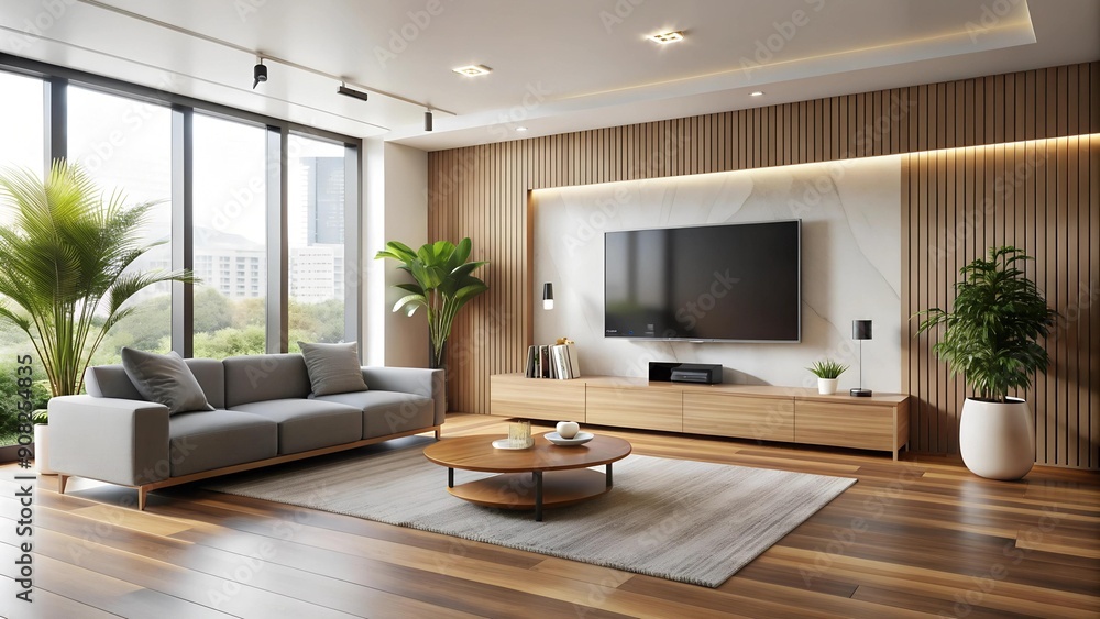 Modern Minimalist Living Room with Wall-Mounted TV and Hardwood Flooring AI generated Modern Minimalist Living Room with Wall-Mounted TV and Hardwood Flooring AI generated