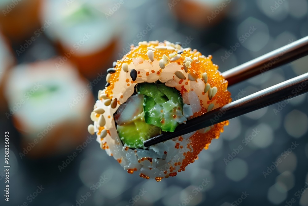 Sushi Roll and chopsticks. Chopsticks holding Sushi roll with sesamese and salmon. Sushi Roll and chopsticks. Chopsticks holding Sushi roll with sesamese and salmon.