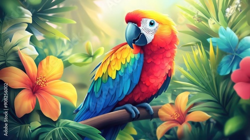 Bright and cheerful cartoon parrot with colorful feathers, surrounded by tropical flowers