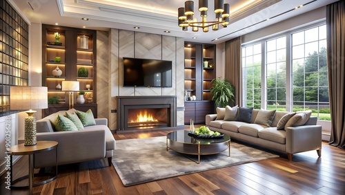 Elegant Living Room with Statement Fireplace and Wall-Mounted TV  AI Generated photo