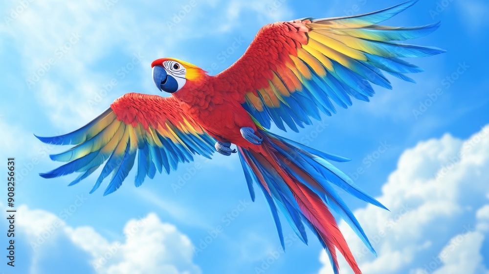Fototapeta premium Cute cartoon parrot with rainbow feathers, happily flying in a blue sky