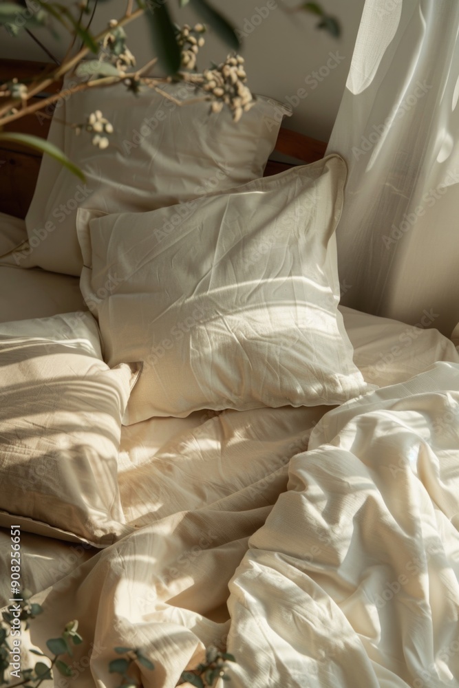 A bed with multiple pillows, perfect for a relaxing atmosphere A bed with multiple pillows, perfect for a relaxing atmosphere