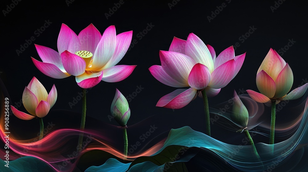 Dynamic beauty of colorful lotus flowers with swirling colors on dramatic black backdrop Dynamic beauty of colorful lotus flowers with swirling colors on dramatic black backdrop