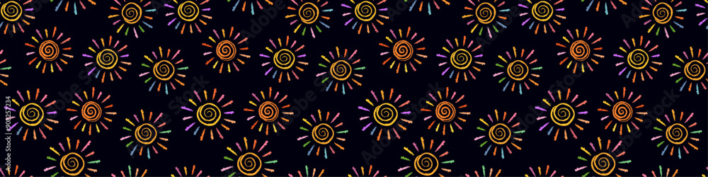 Seamless background with bright stylized suns. The sun stylized as a child's drawing. Doodles in childish girly style. Bright sun with rays. Endless background Seamless background with bright stylized suns. The sun stylized as a child's drawing. Doodles in childish girly style. Bright sun with rays. Endless background