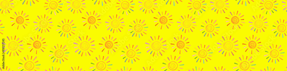 Seamless background with bright stylized suns. The sun stylized as a child's drawing. Doodles in childish girly style. Bright sun with rays. Endless background Seamless background with bright stylized suns. The sun stylized as a child's drawing. Doodles in childish girly style. Bright sun with rays. Endless background