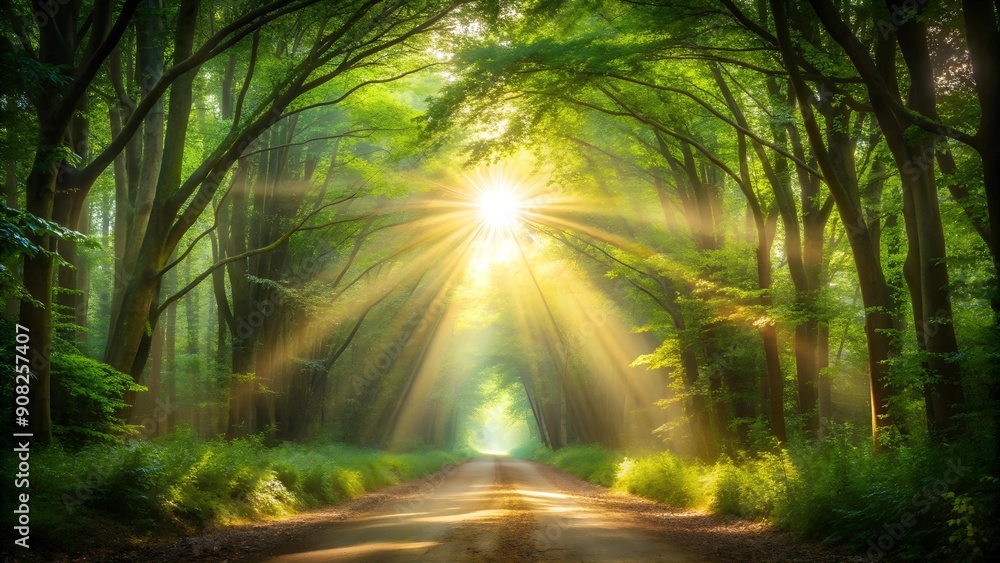 Obraz premium A Tunnel of Light Through a Forest Canopy generative AI
