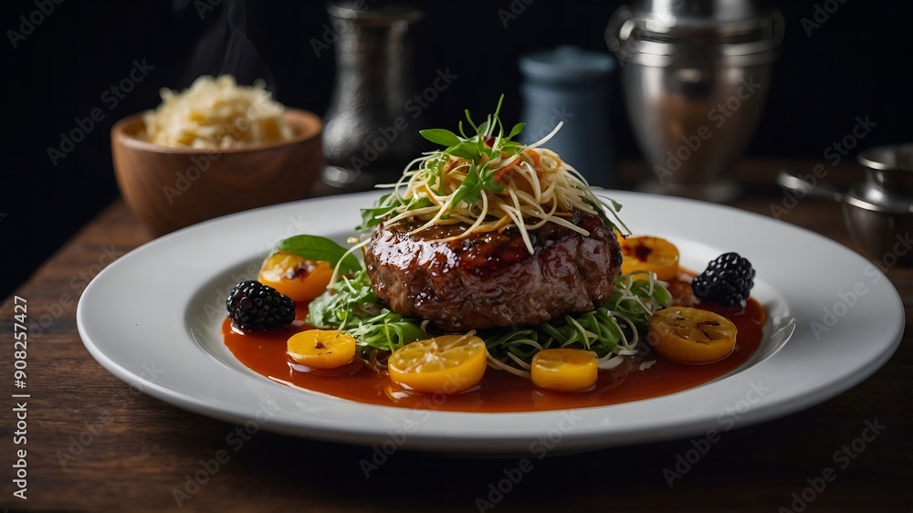 Refined and creative food styling for an upscale dining atmosphere Refined and creative food styling for an upscale dining atmosphere