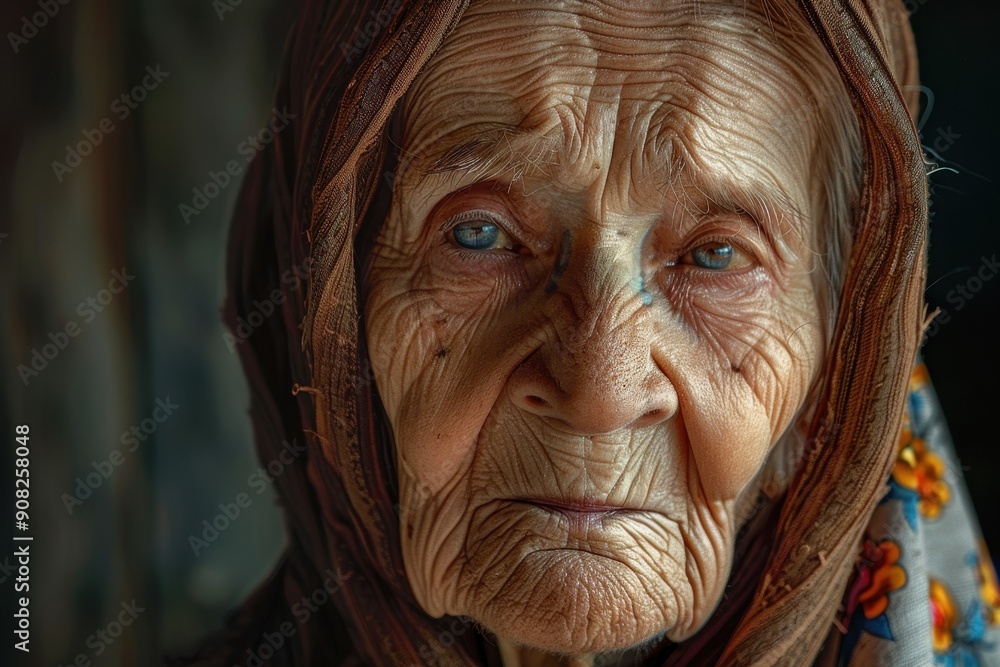 Elderly woman with expressive wrinkles, her gaze reflecting a lifetime of experiences Elderly woman with expressive wrinkles, her gaze reflecting a lifetime of experiences
