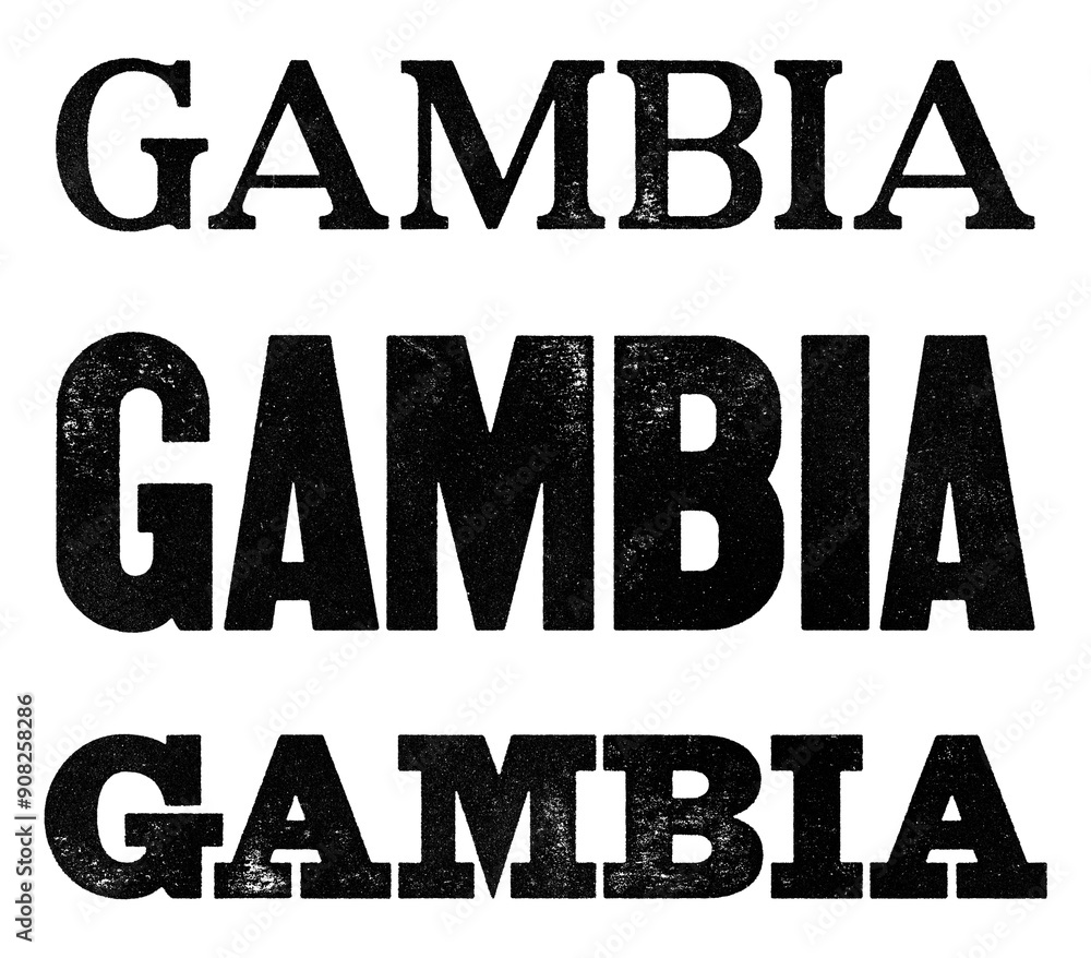 Obraz premium Gambia country name written in distressed vintage serif, sans serif and slab serif styles isolated on transparent background