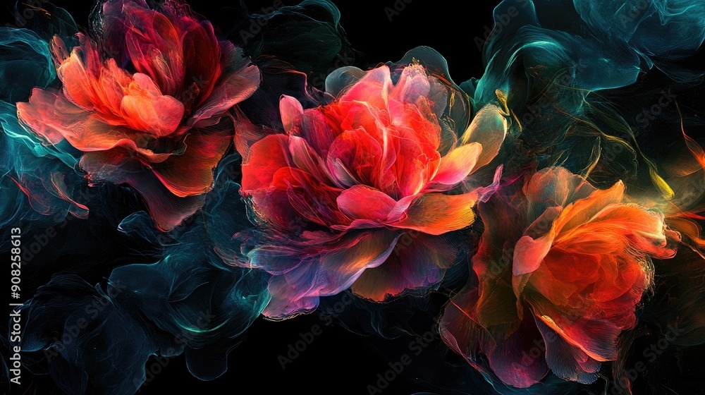 Obraz premium Energetic abstract rose blooms with vibrant colors on dramatic black background