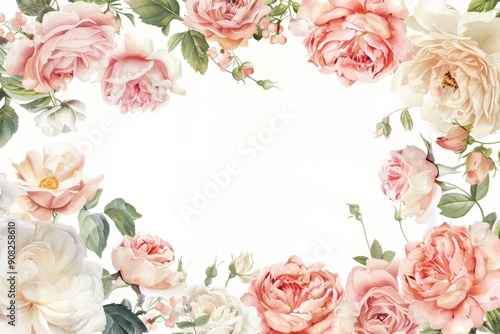 Wallpaper Mural Elegant vintage floral frame with roses and peonies on a white background Torontodigital.ca