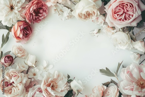 Vintage-style floral frame with delicate roses and peonies on white background
