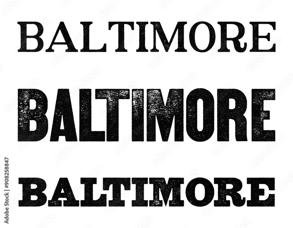 Fototapeta premium Baltimore city name written in distressed vintage serif, sans serif and slab serif styles isolated on transparent background