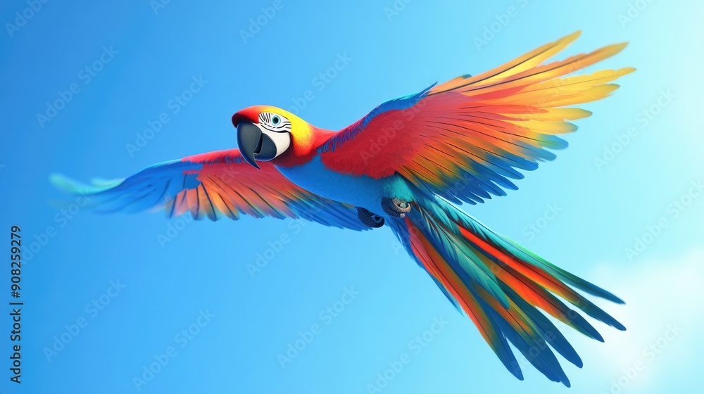 Fototapeta premium Happy cartoon parrot with multicolored feathers, flying through a clear blue sky