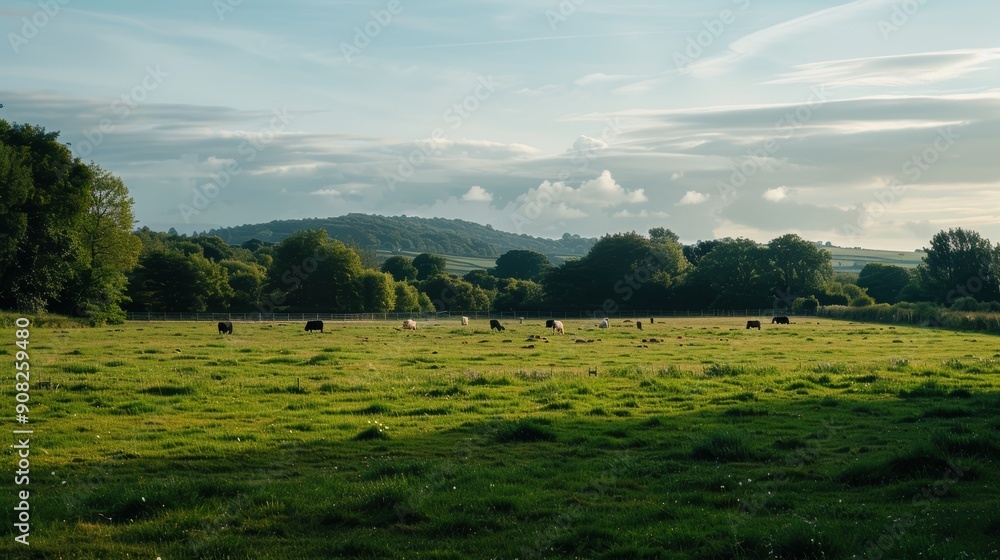 Fototapeta premium Sheep grazing on lush green grass in a field bordered by trees with rolling hills in the distance