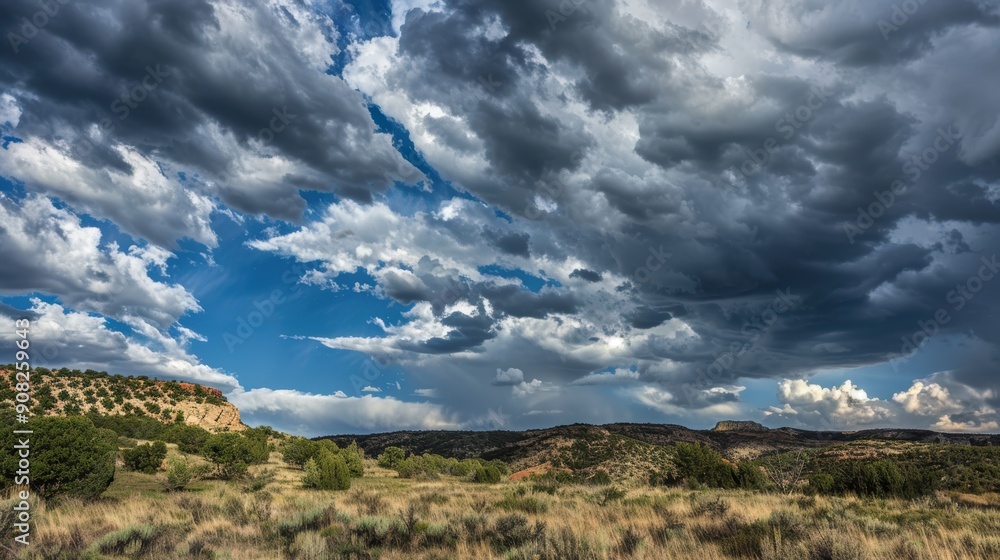 Dramatic cloudscape is gathering over a beautiful desert landscape with canyons and hills