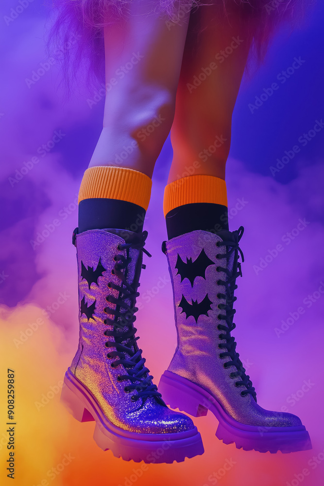 woman's legs wearing beautiful purple platform glitter boots with bat design, smokey area for halloween woman's legs wearing beautiful purple platform glitter boots with bat design, smokey area for halloween