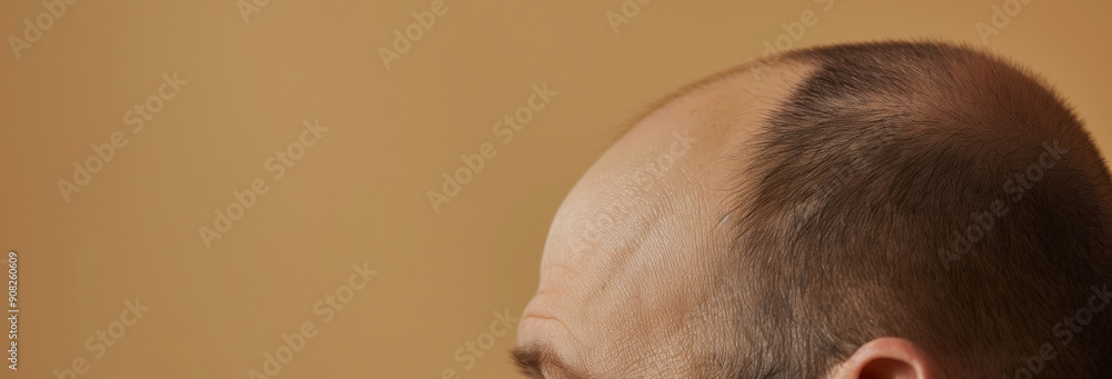 Baldness concept. Man with receding hairline on beige background, closeup Baldness concept. Man with receding hairline on beige background, closeup