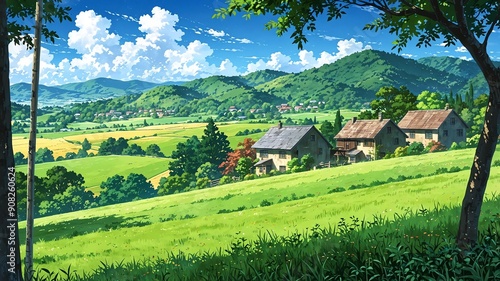 rural countryside picturesque countryside with traditi anime photo