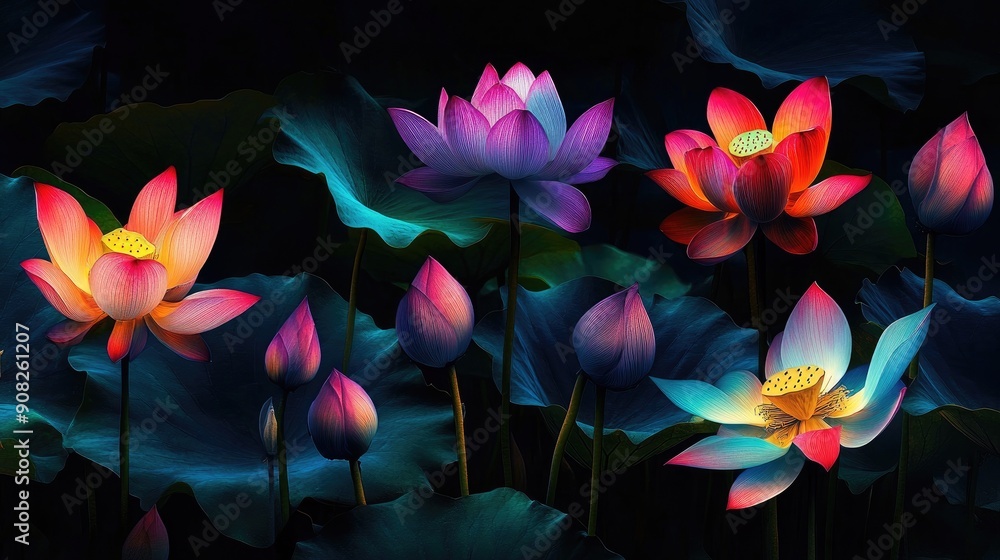 Vibrant and dynamic abstract beauty of colorful lotus blooms on dramatic black background Vibrant and dynamic abstract beauty of colorful lotus blooms on dramatic black background
