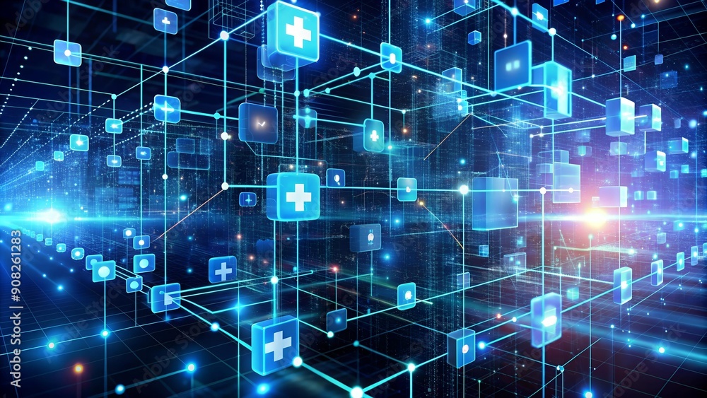 Obraz premium Symphony of Innovation: A 3D Visualization of AI-Powered Healthcare Data Flows generative AI